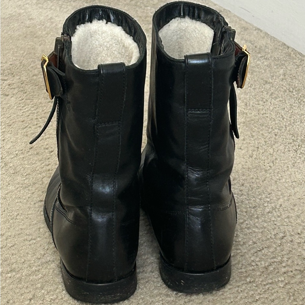 Women Burberry Kerry Black Leather Buckle Shearling Boots Size 38 - Picture 3 of 10